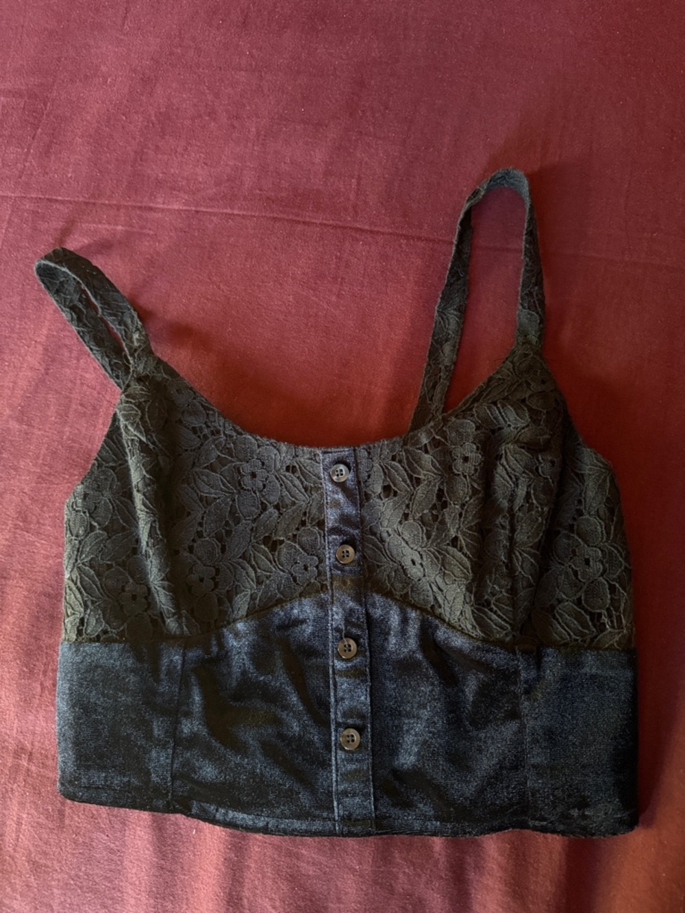 Black Lace Velvet Button-Front Crop Top